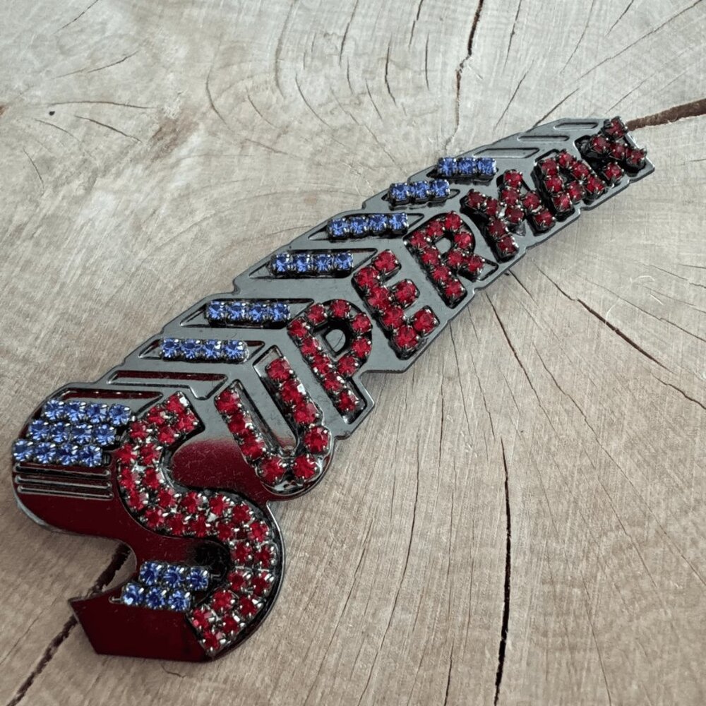 Philipp Plein Red & Blue Cristal Superman Superhero Brooch Pin Swarovski